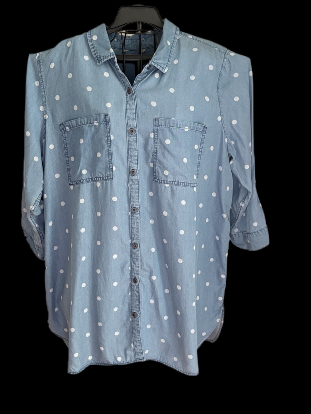 Polka Dot Chambray Tunic Shirt - Light Blue